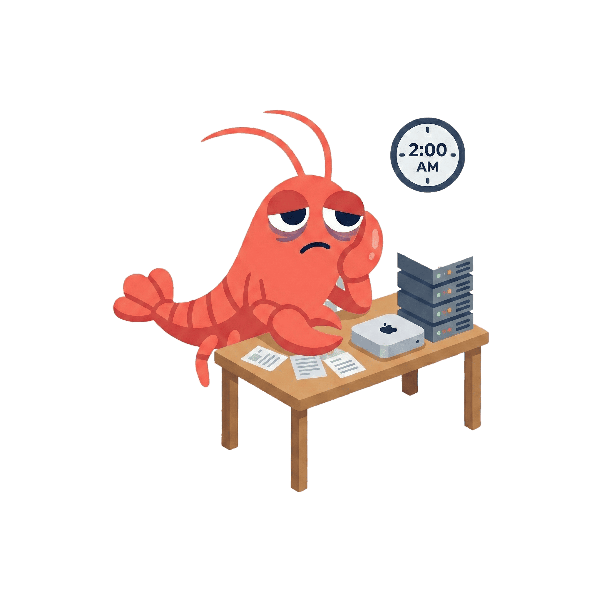Exhausted lobster at desk at 2 AM
